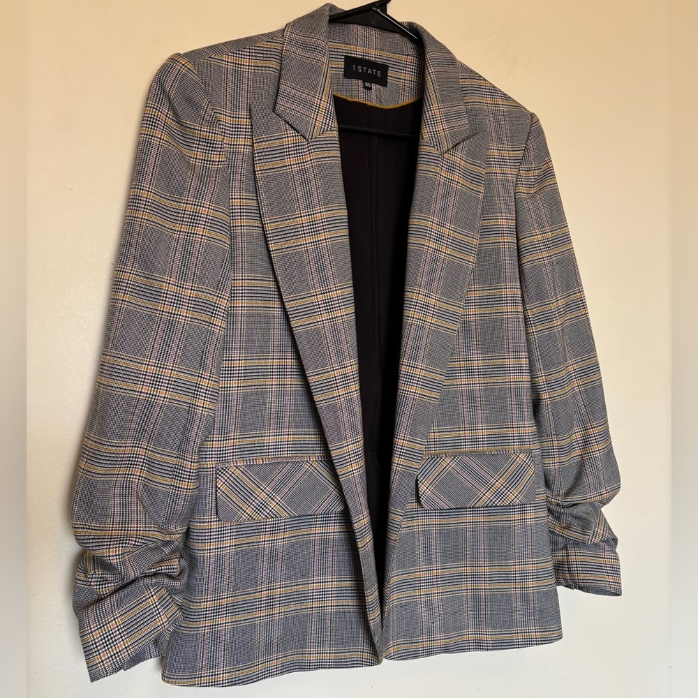 1. State Plaid Blazer XS Ruched Sleeves Open Front Button Jacket Preppy Academia